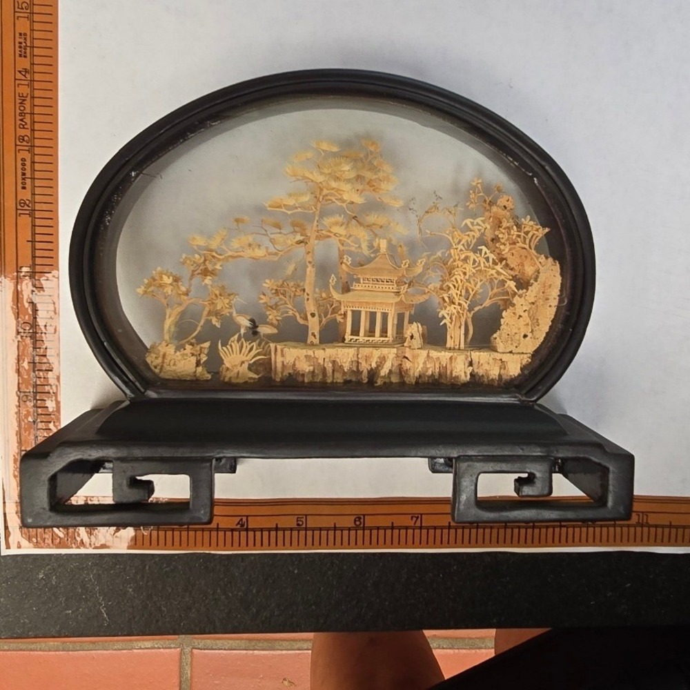 Vintage Chinese Cork Carving Diorama Landscape Pagoda Shadow Box Glass Case 7in
